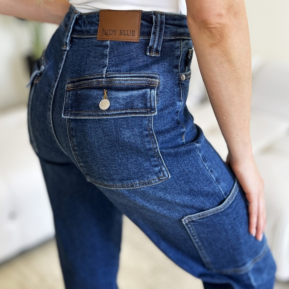 High-Rise Waist Cargo Pockets Denim Boyfriend Straight Leg Jean Pants Judy Blue - Picture 4 of 13